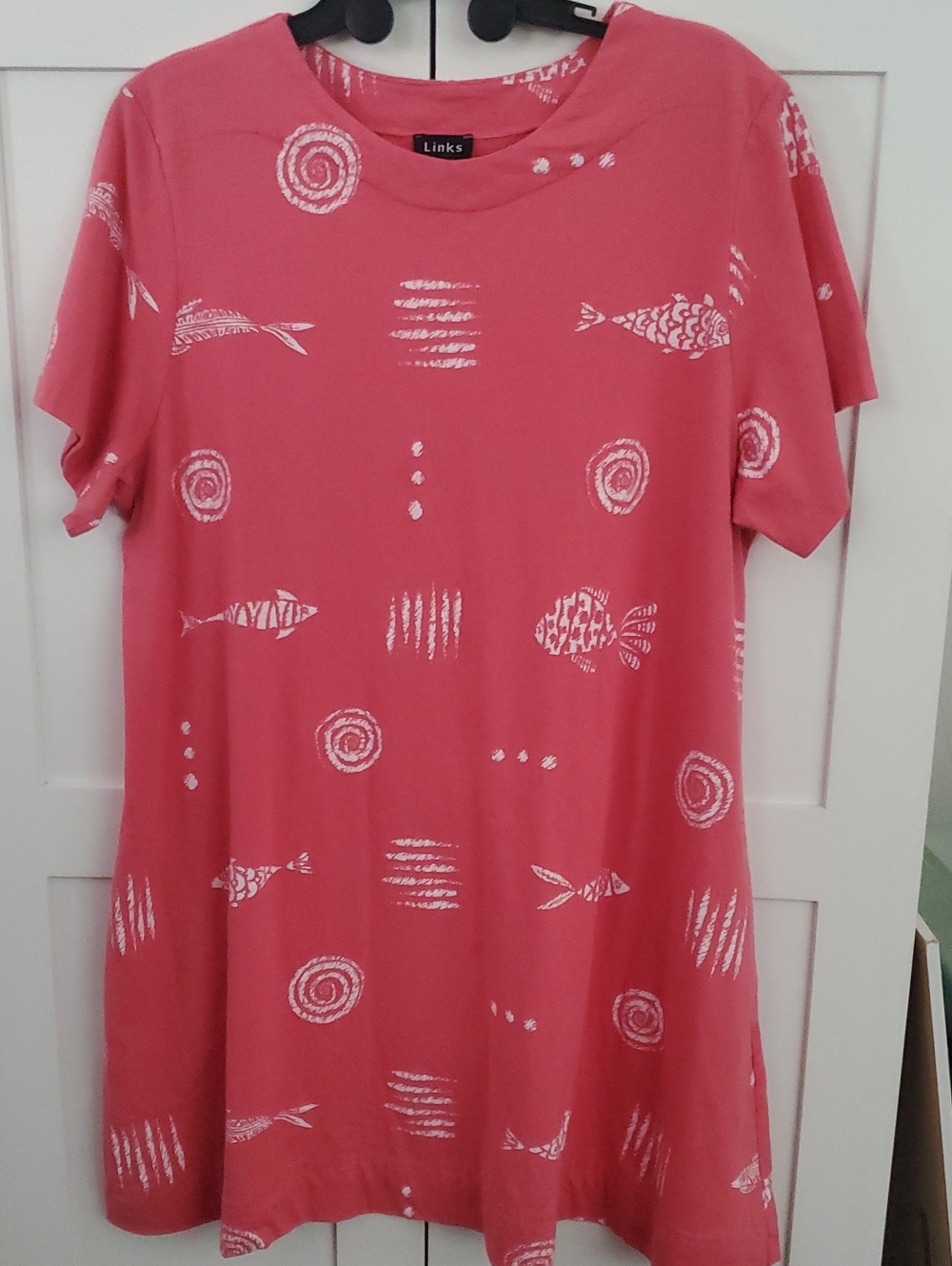 Link Coral Pink Shift Dress with White Fish Print